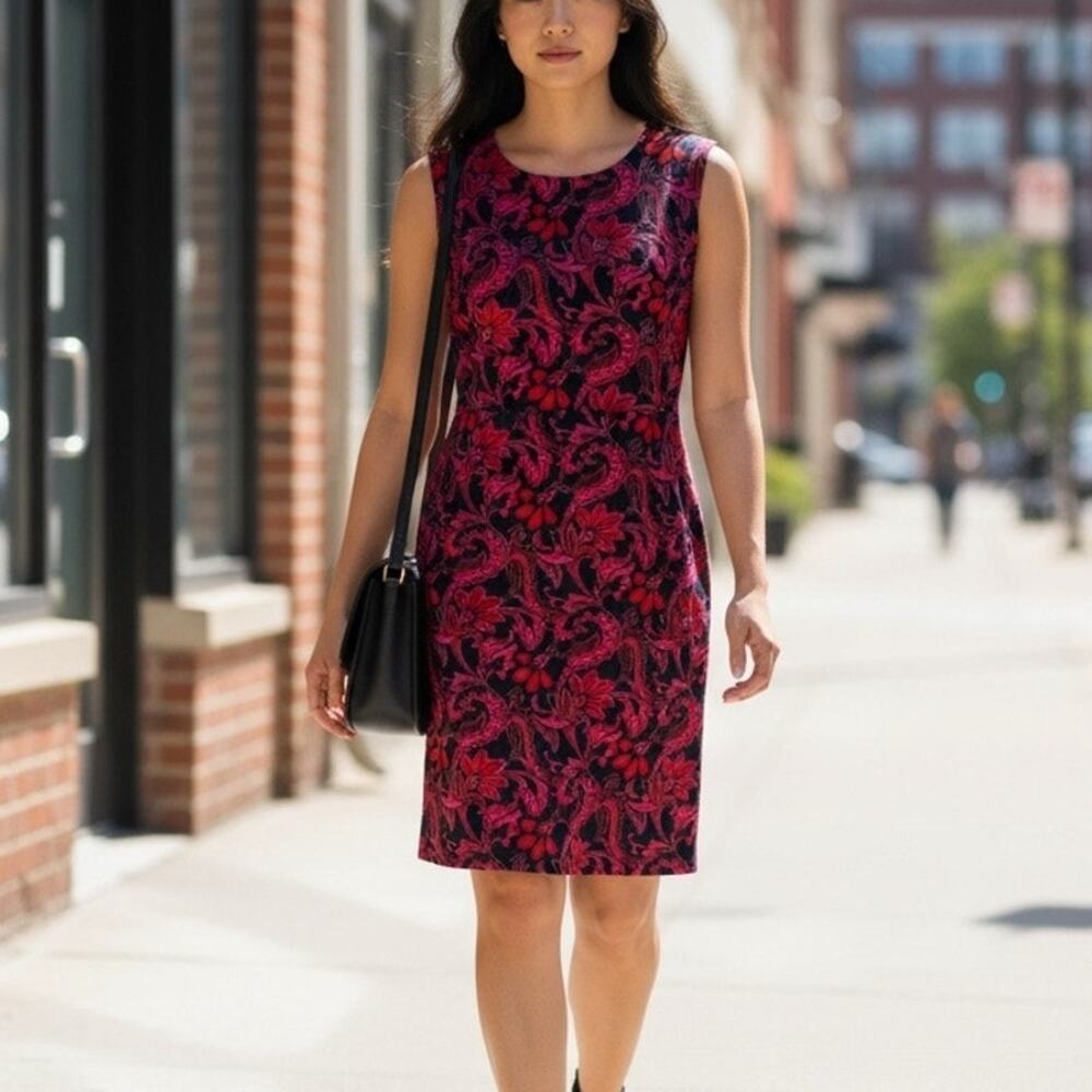 Lands' End Pink Floral Ponte Knit Sleeveless Paisley Blue Sheath Dress